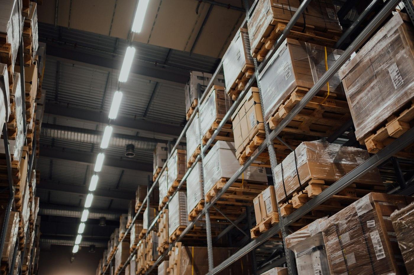 Interior of a large warehouse with racked inventory